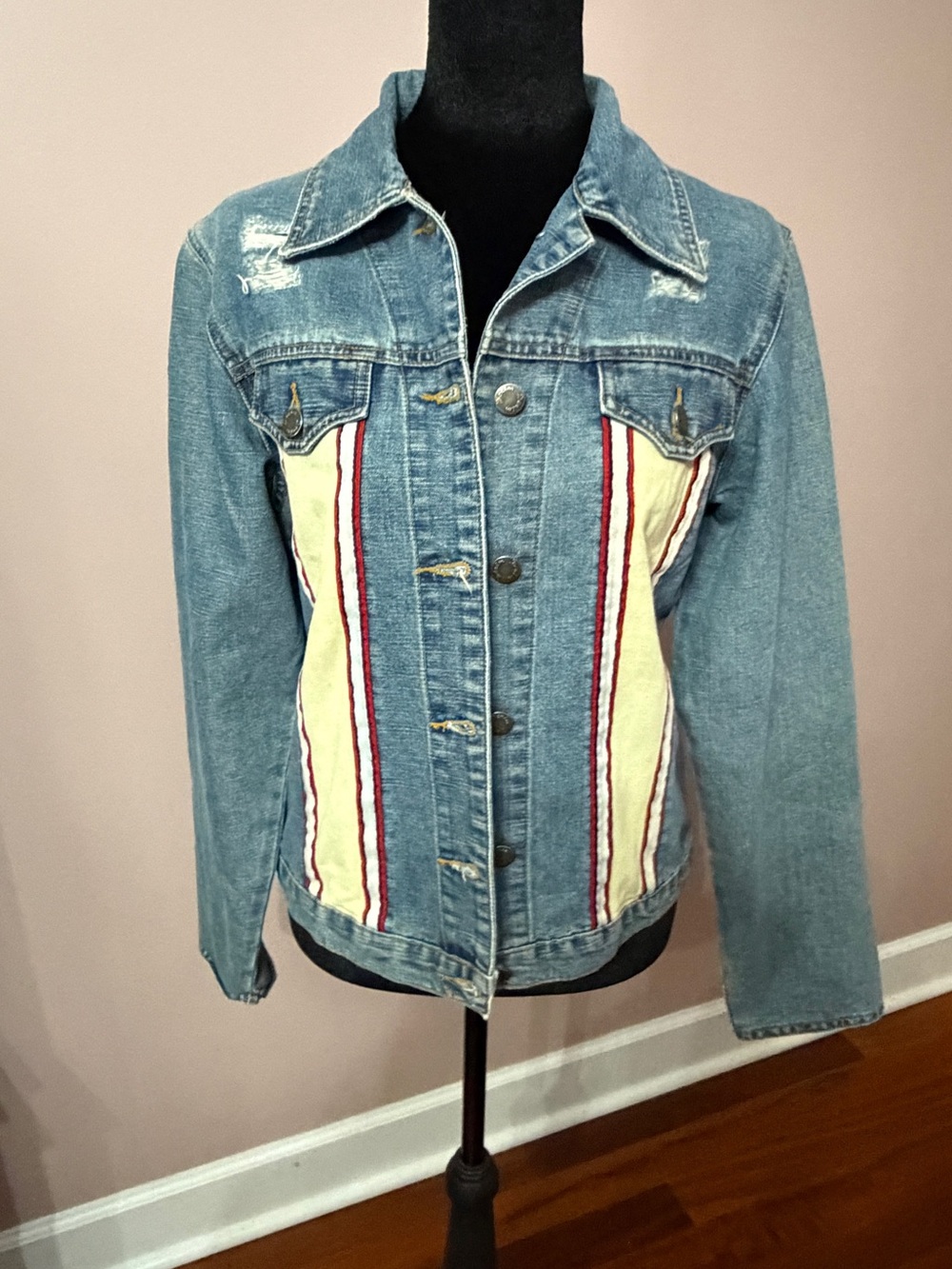 Comfort Denim Women’s XL Retro Stripe Denim Trucker Jacket Y2K